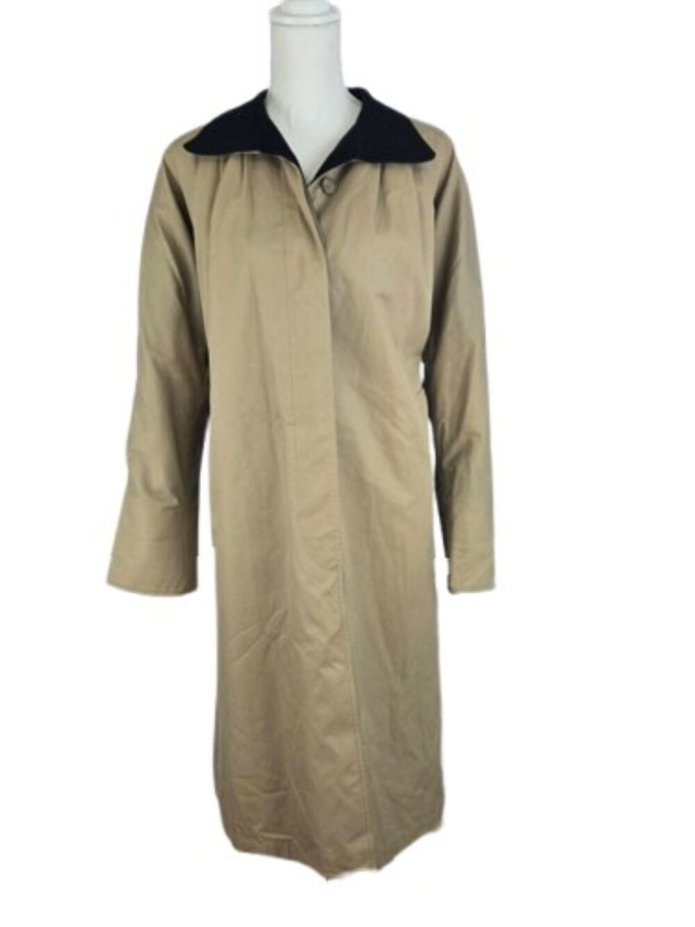 Women’s Tan Trench Coat Black Collar Hidden Button Long Jacket Size XL